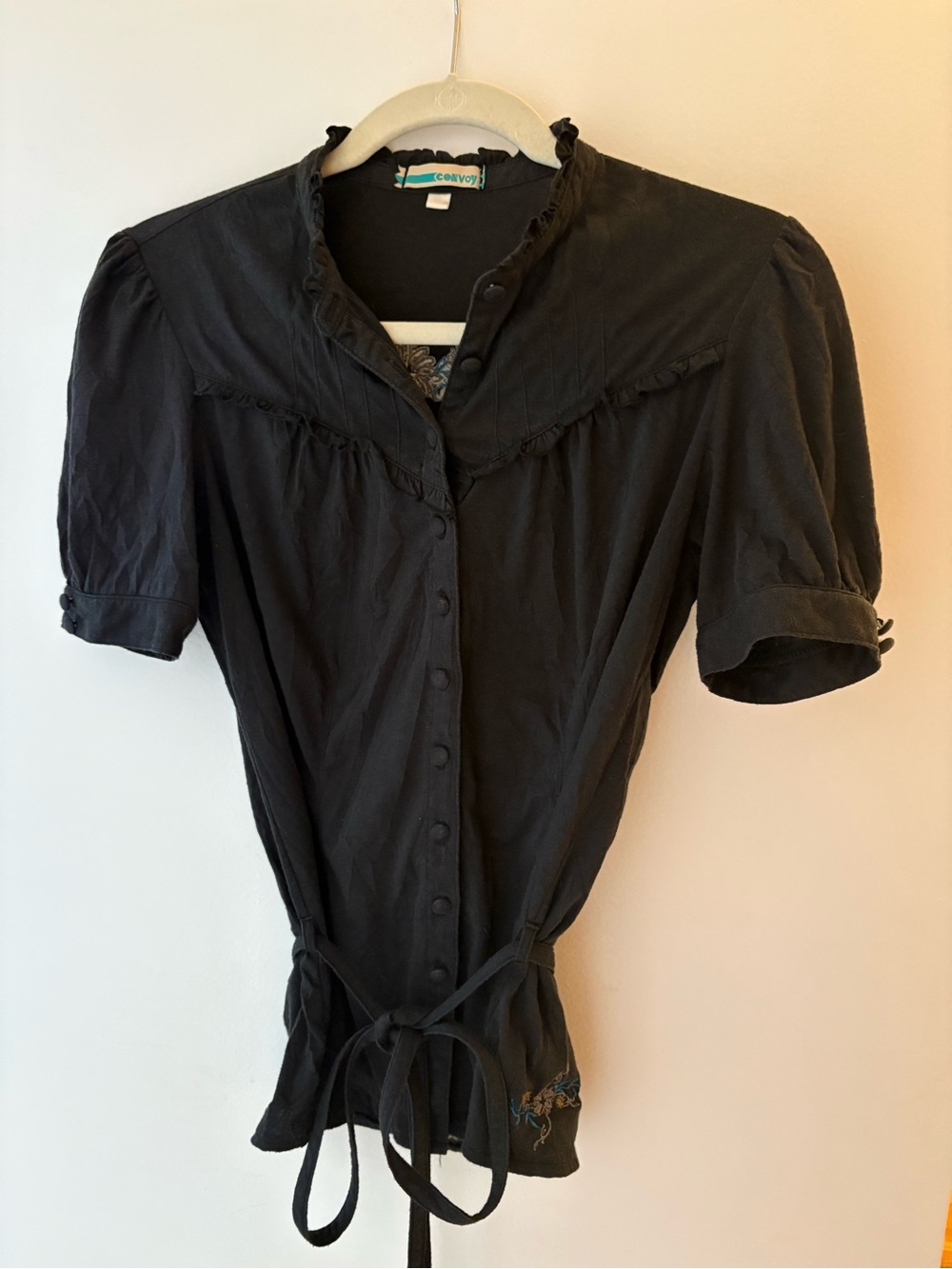 Black Ruffle-Trim Button Front Women's Top